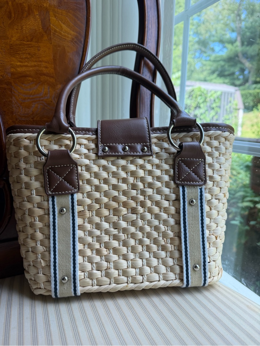 Chaps Woven Straw Tote with Brown Leather Trim and Striped Accents - Picture 2 of 5